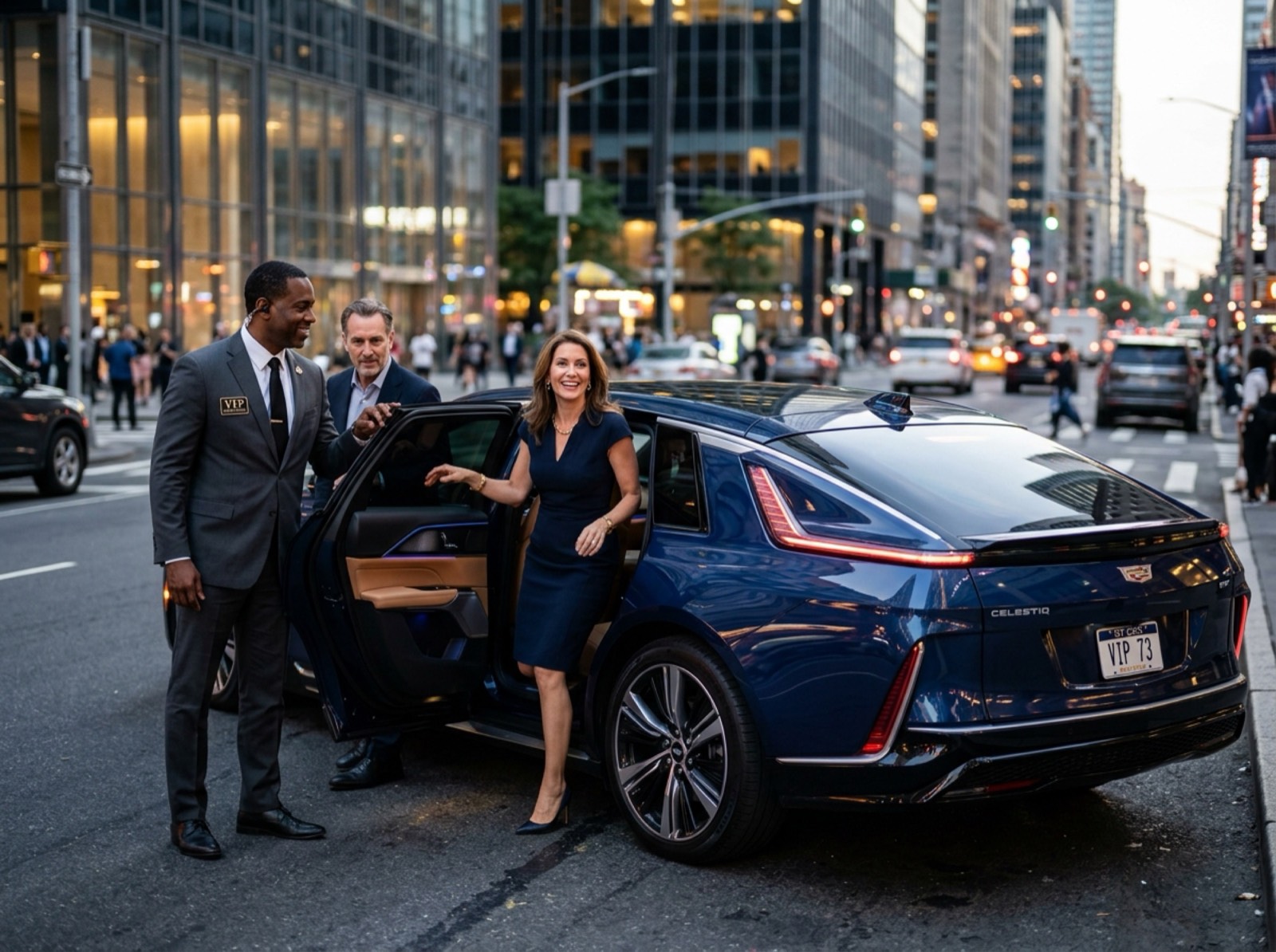 VIP chauffeur greeting clients beside a luxury Cadillac in downtown traffic