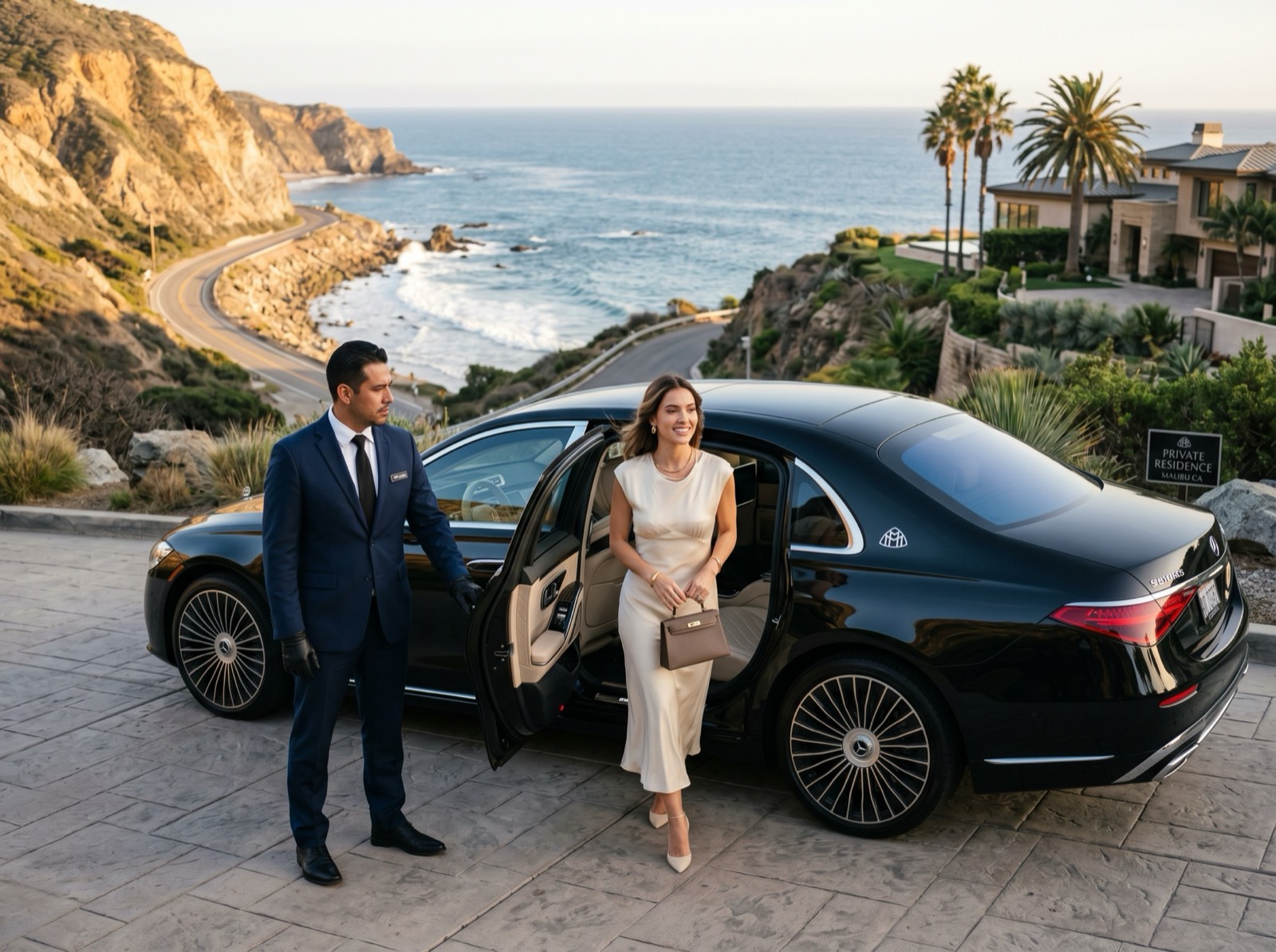 Luxury chauffeur and Mercedes-Maybach on a coastal U.S. road
