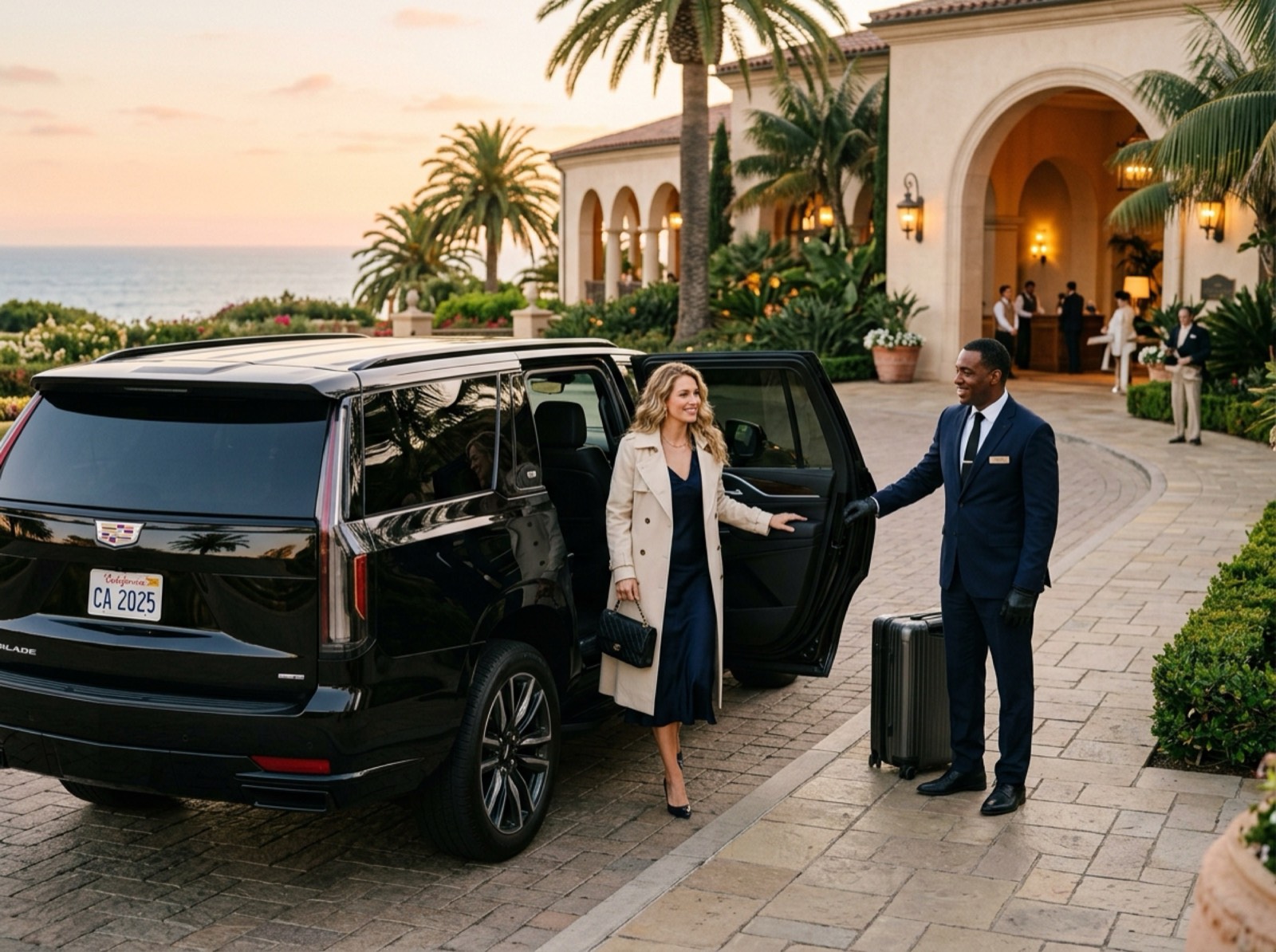 Luxury chauffeur welcoming a guest beside a Cadillac Escalade at a coastal resort